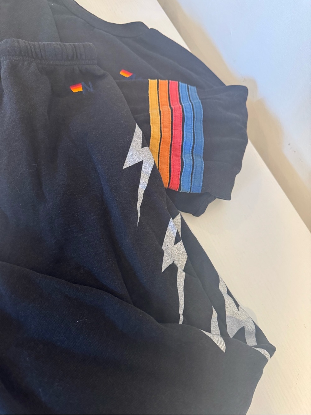 Aviator Nation 2pc Black Bolt 4 Sweatpants and Rainbow Stitch Sweatshirt Medium - Picture 2 of 4